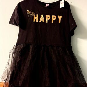 Justice Black Tee with Metallic Gold 'HAPPY' Lettering